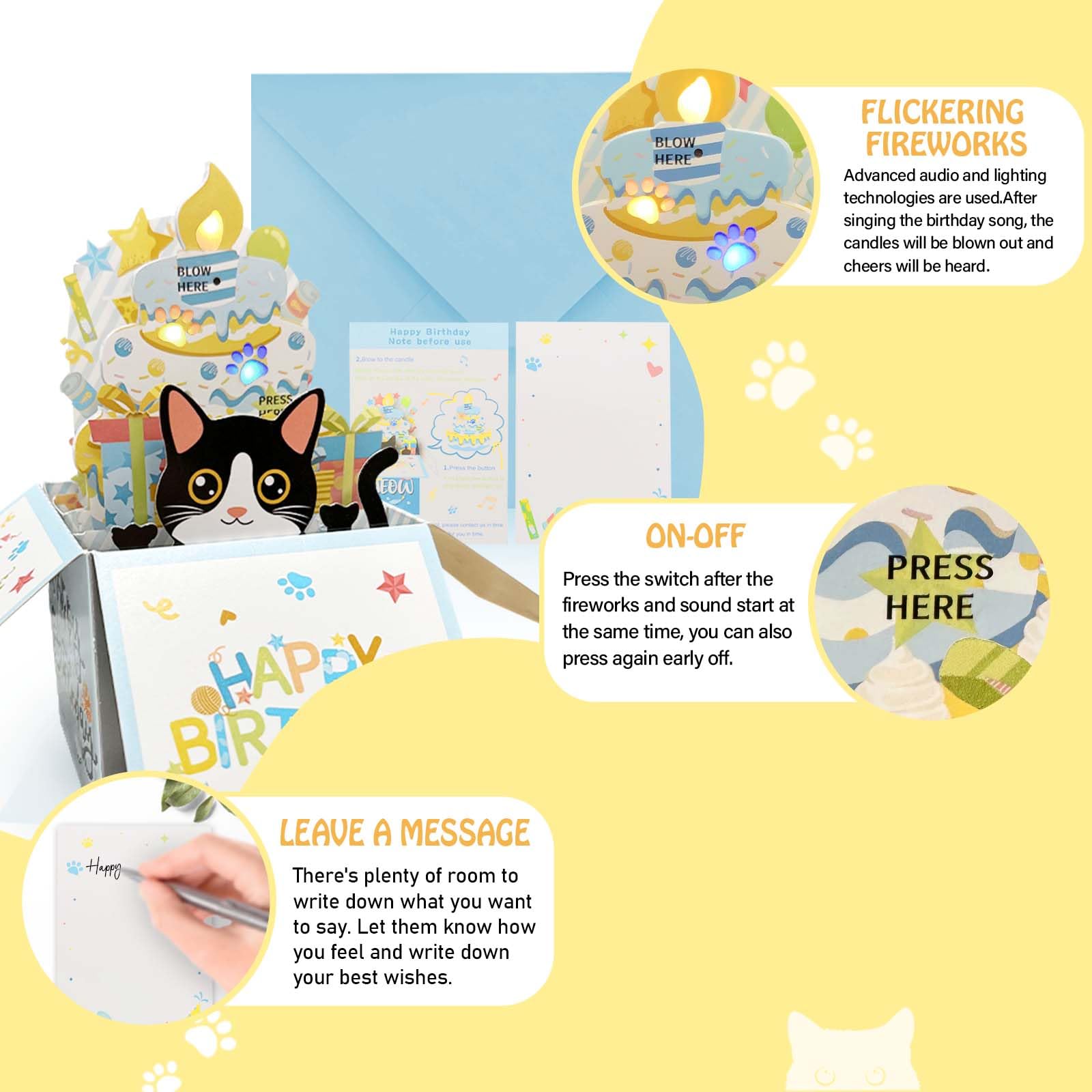 DTESL 3D Pop Up Tuxedo Cat Birthday Card, Musical, 60g, For Father, Mother, Lover