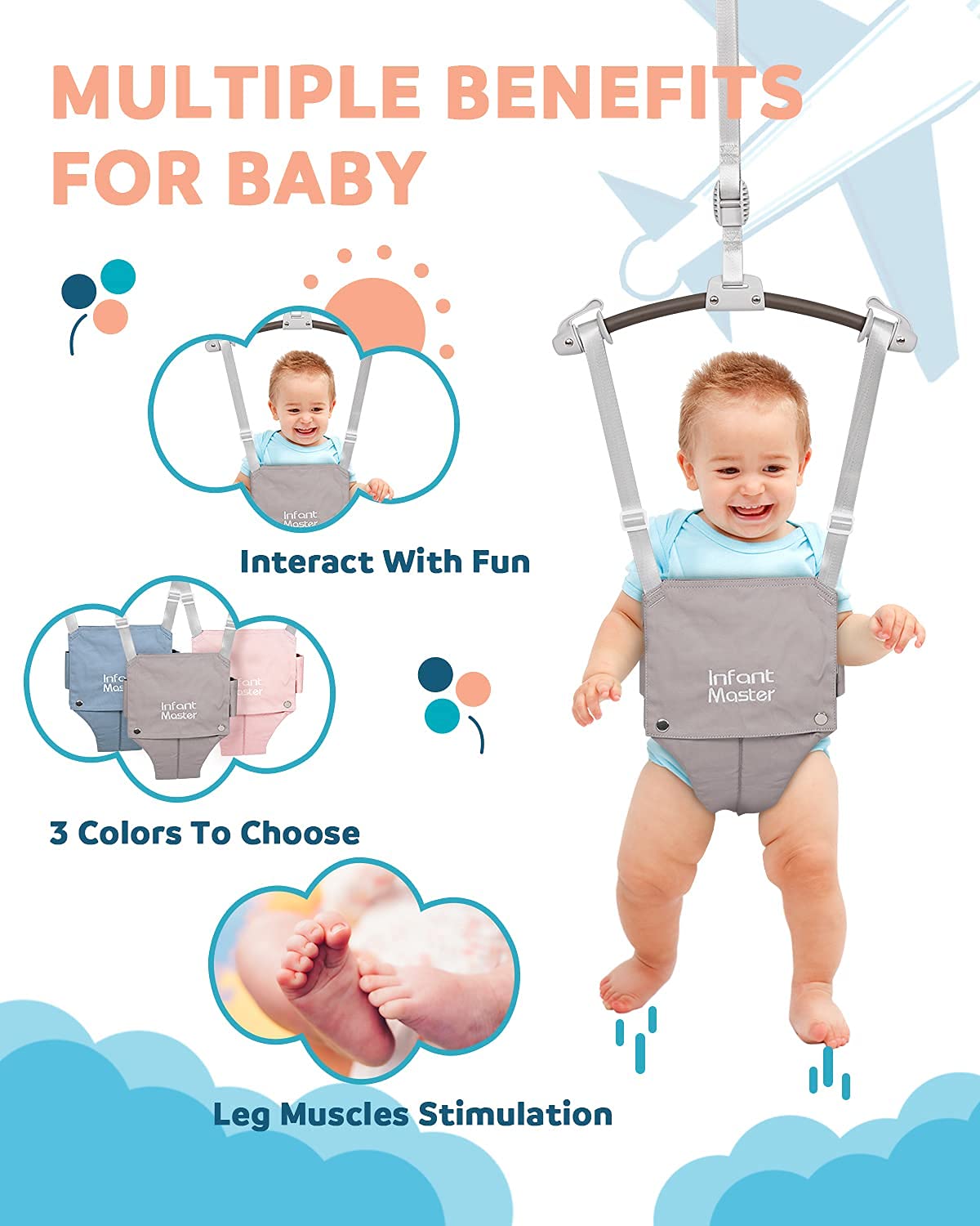 Infant Master Baby Doorway Jumpers, Sturdy Johnny Jumper w/Adjustable 10.8"-23.6" inches Strap, Soft Baby Johnny Bouncer w/Seat Bag, Ideal Gift for Infant, Portable and Easy to Use, Grey