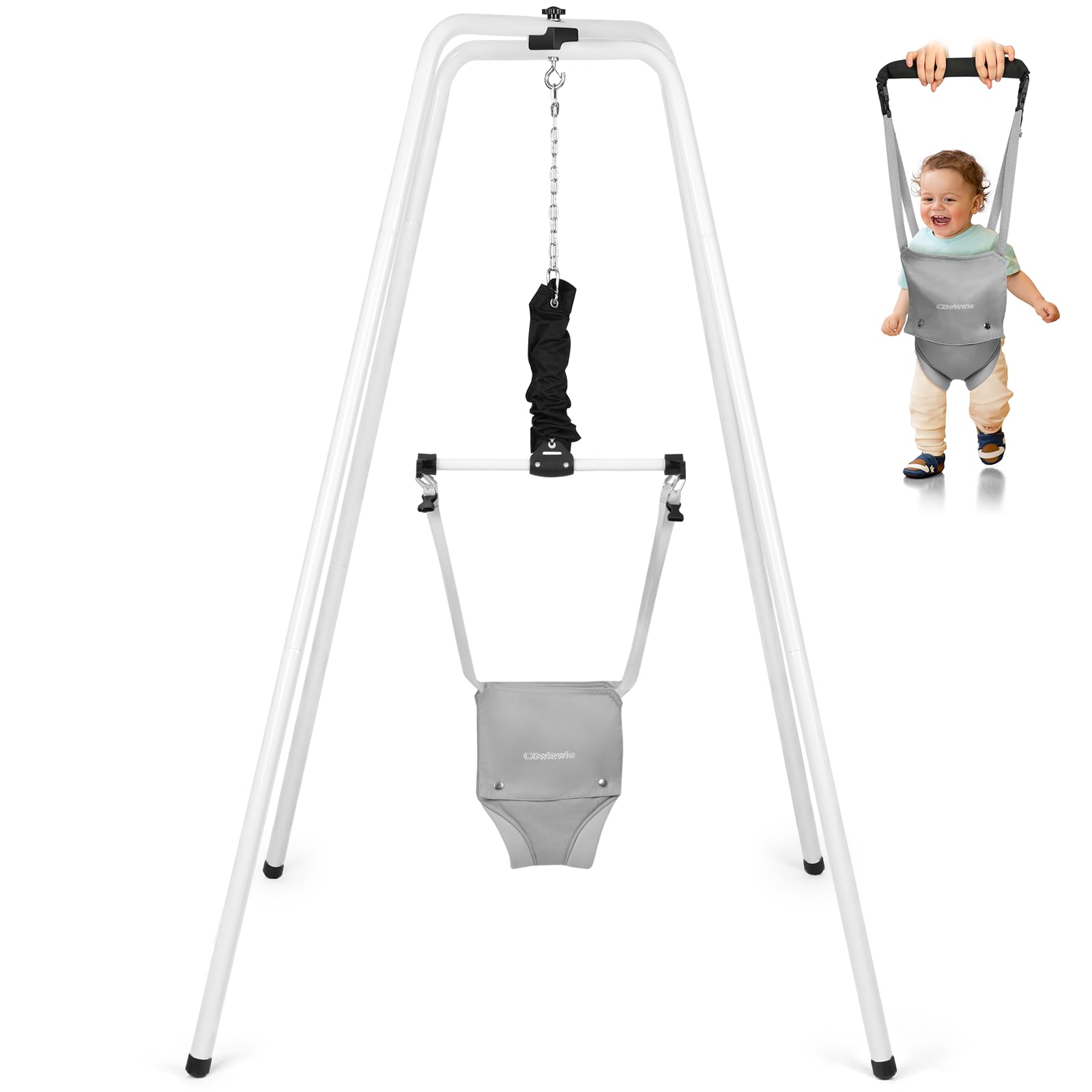 Cowiewie 2 in 1 Baby Jumper with Strong Support Stand, w/Walking Harness Function, Baby Exerciser Quick-Fold and Storage, White+Gray