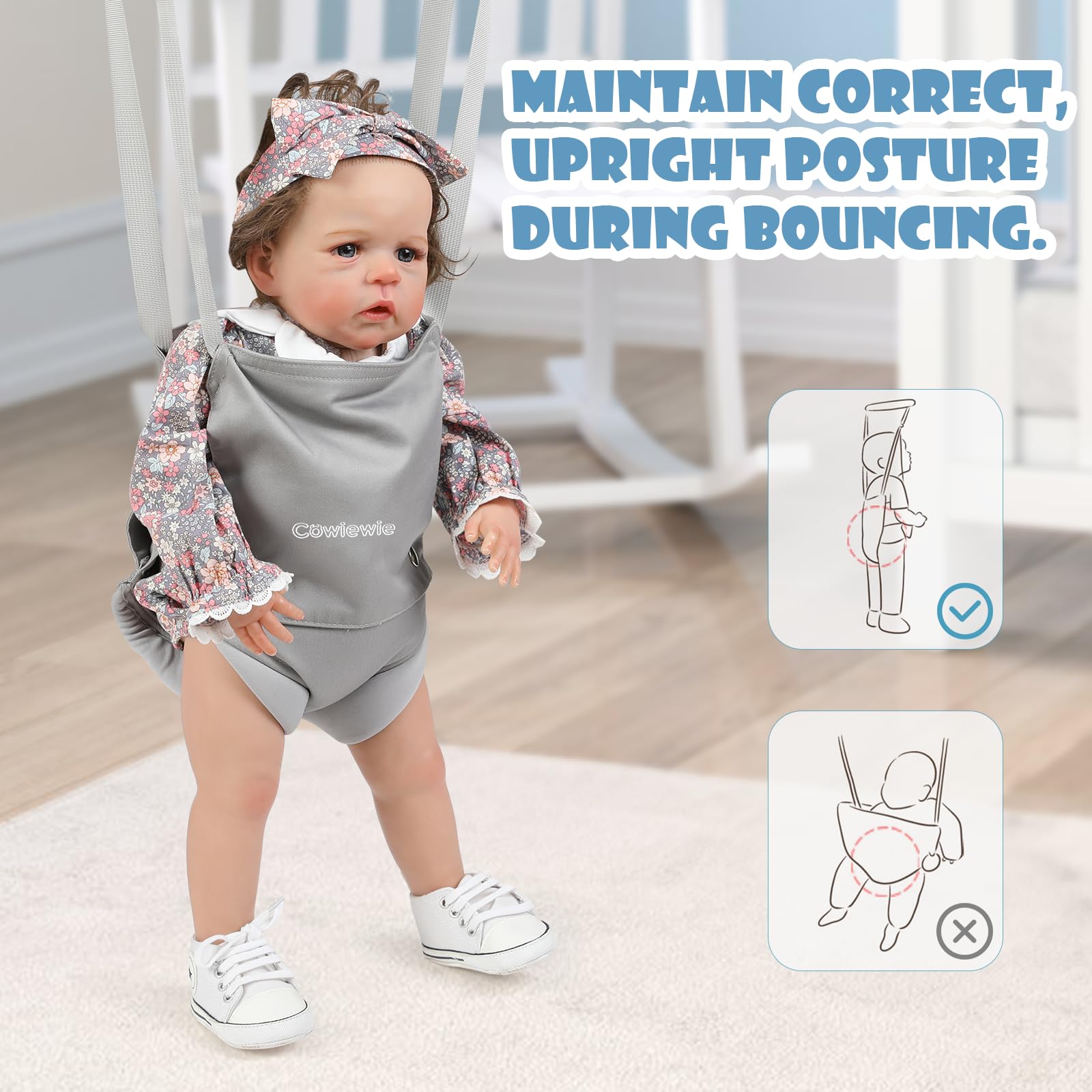 Cowiewie 2 in 1 Baby Jumper with Strong Support Stand, w/Walking Harness Function, Baby Exerciser Quick-Fold and Storage, White+Gray