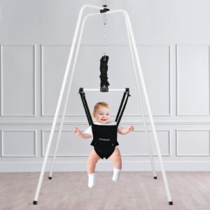 Cowiewie 2 in 1 Baby Jumper with Strong Support Stand, w/Walking Harness Function, Baby Exerciser Quick-Fold and Storage, White+Black