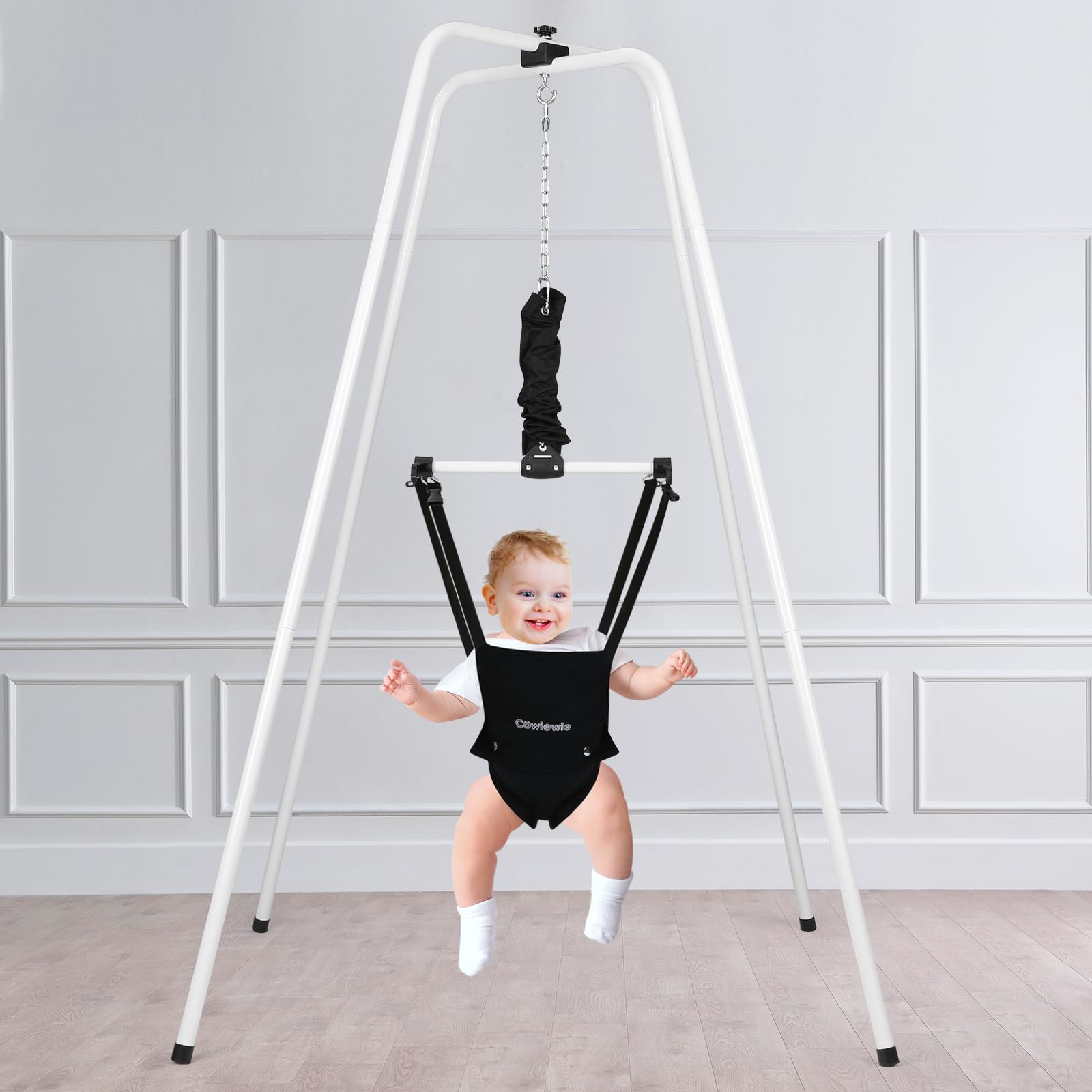 Cowiewie 2 in 1 Baby Jumper with Strong Support Stand, w/Walking Harness Function, Baby Exerciser Quick-Fold and Storage, White+Black