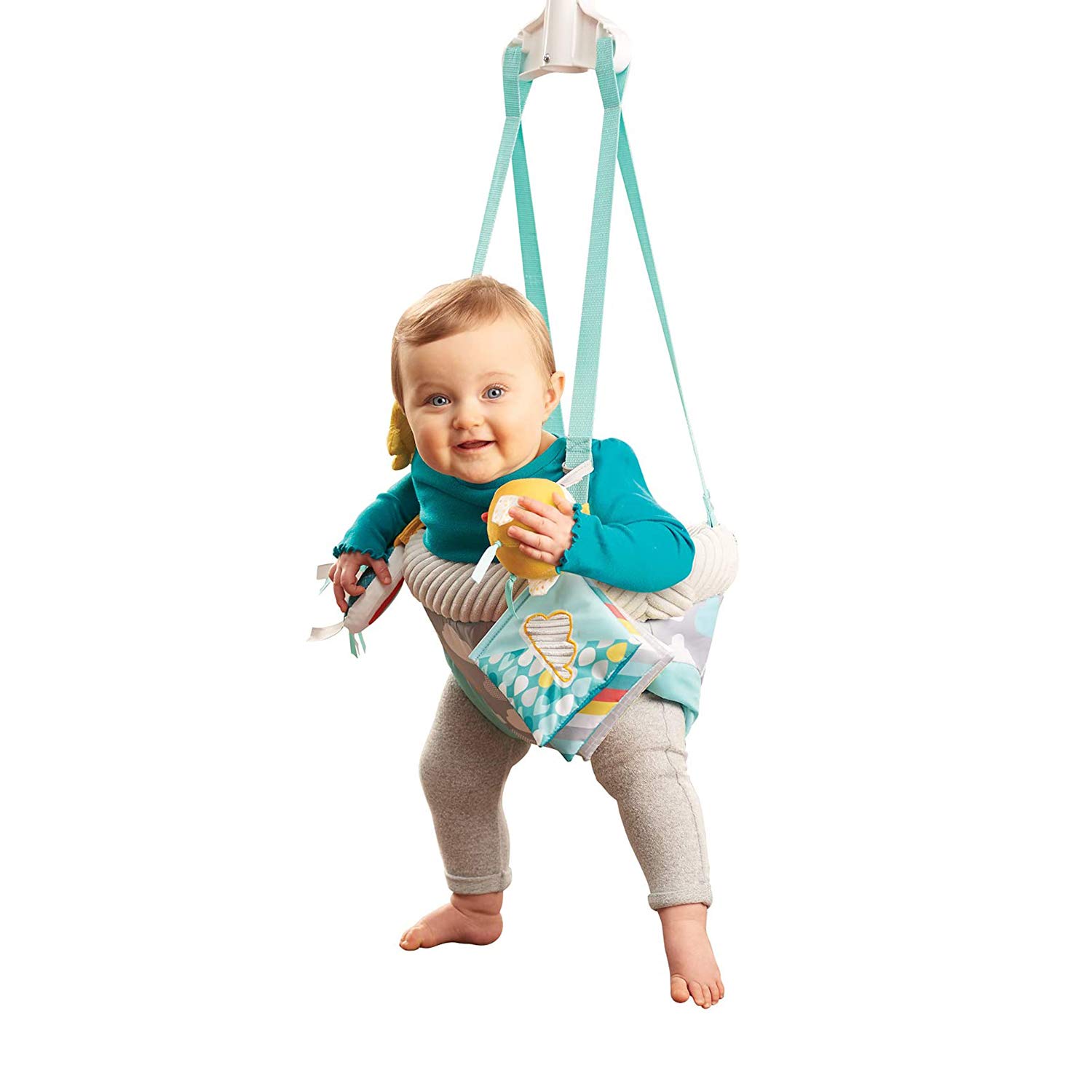 Evenflo Exersaucer Baby Hanging Clampable Doorway Jumper with 4 Removable Toys, Peek a Boo Flip -Book, and Mirror, Sweet Skies