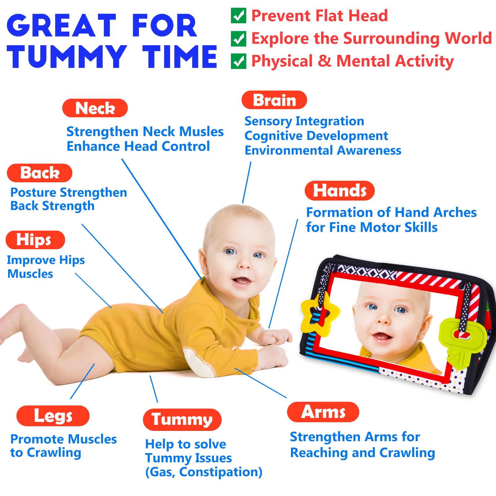 Tummy Time Mirror Baby Toys 3-6 Months Infant Newborn Toys 0-3 Months Brain Development Montessori Sensory Crinkle Toys Teether Black and White High Contrast Baby Toys 0-6 6-12 Month Boy Girl Gifts