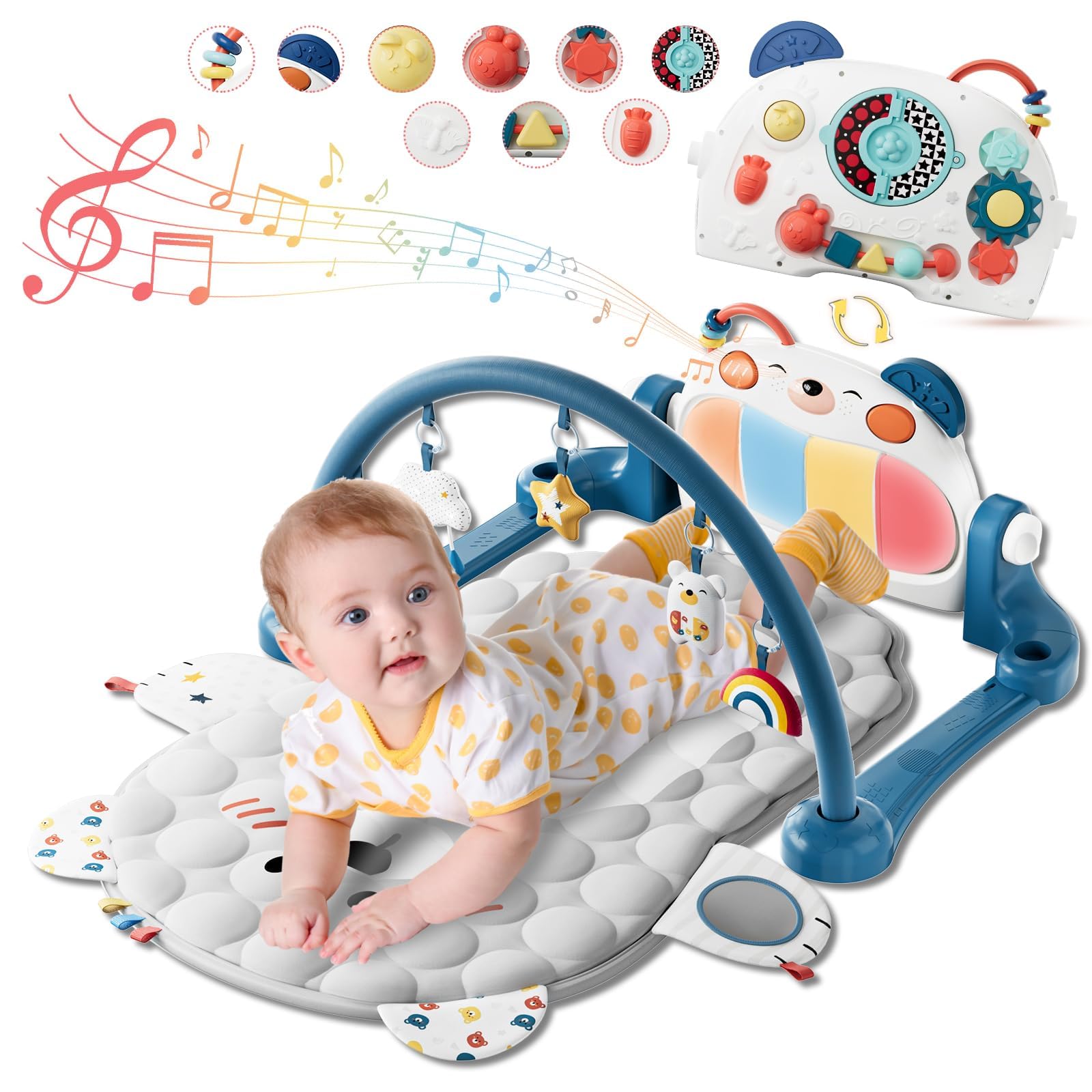 Lauon Baby Play Gym Mat, Bear Shaped 500,000 Tolerance Kick and Double Side Piano Thicken Activity Mat w 5 Detachable Toys, Tummy Time Mat Promote Motor Skills & Sensory Development Mat for Newborn