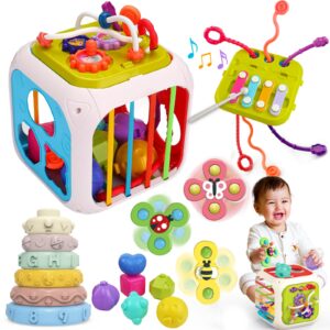 innofans 5 in 1 montessori baby toys for 3+ year old - sensory bins toys, travel pull string toy & shape sorter & stacking building blocks & suction cup spinner toys, birthday for baby