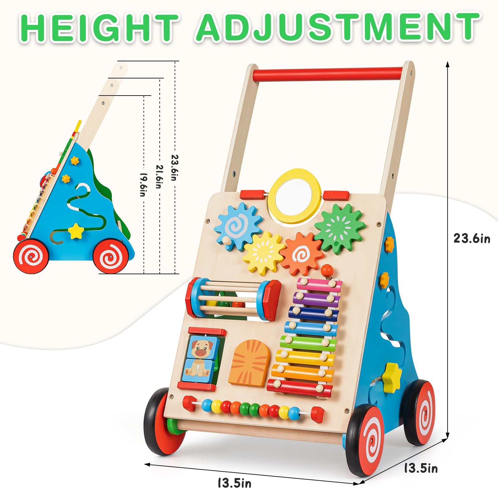 V-Opitos Wooden Baby Walkers, Height and Resistance Adjustable Push Walker with Multiple Learning Activity Center, Baby Sit to Stand Walker Toys, Ideal Gifts for 6-12, 12-18 Months Boys & Girls