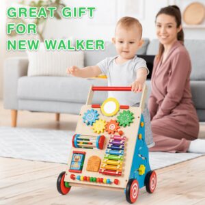 V-Opitos Wooden Baby Walkers, Height and Resistance Adjustable Push Walker with Multiple Learning Activity Center, Baby Sit to Stand Walker Toys, Ideal Gifts for 6-12, 12-18 Months Boys & Girls