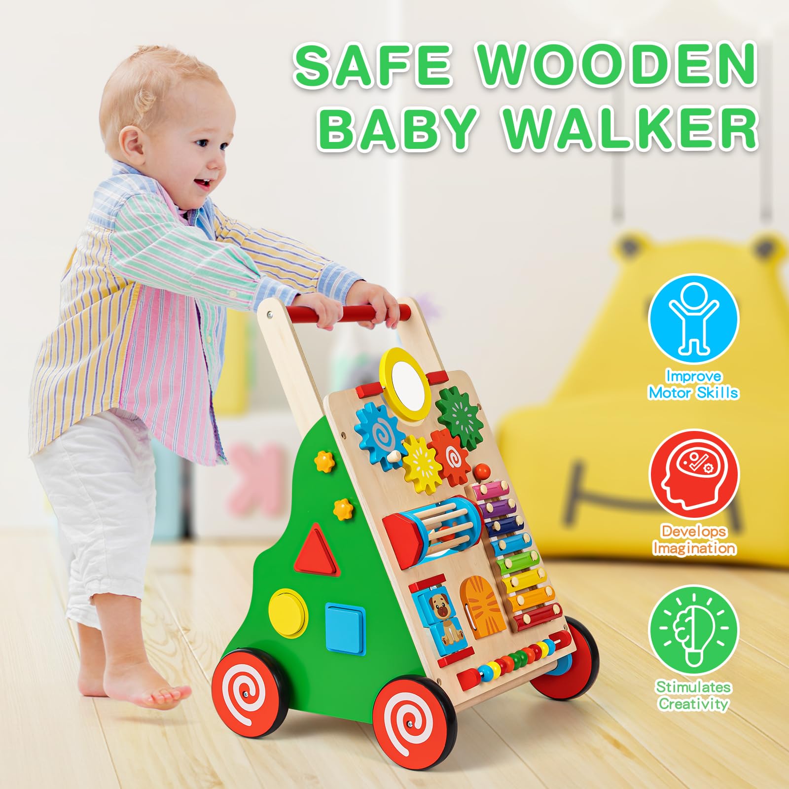 V-Opitos Wooden Baby Walkers, Height and Resistance Adjustable Push Walker with Multiple Learning Activity Center, Baby Sit to Stand Walker Toys, Ideal Gifts for 6-12, 12-18 Months Boys & Girls