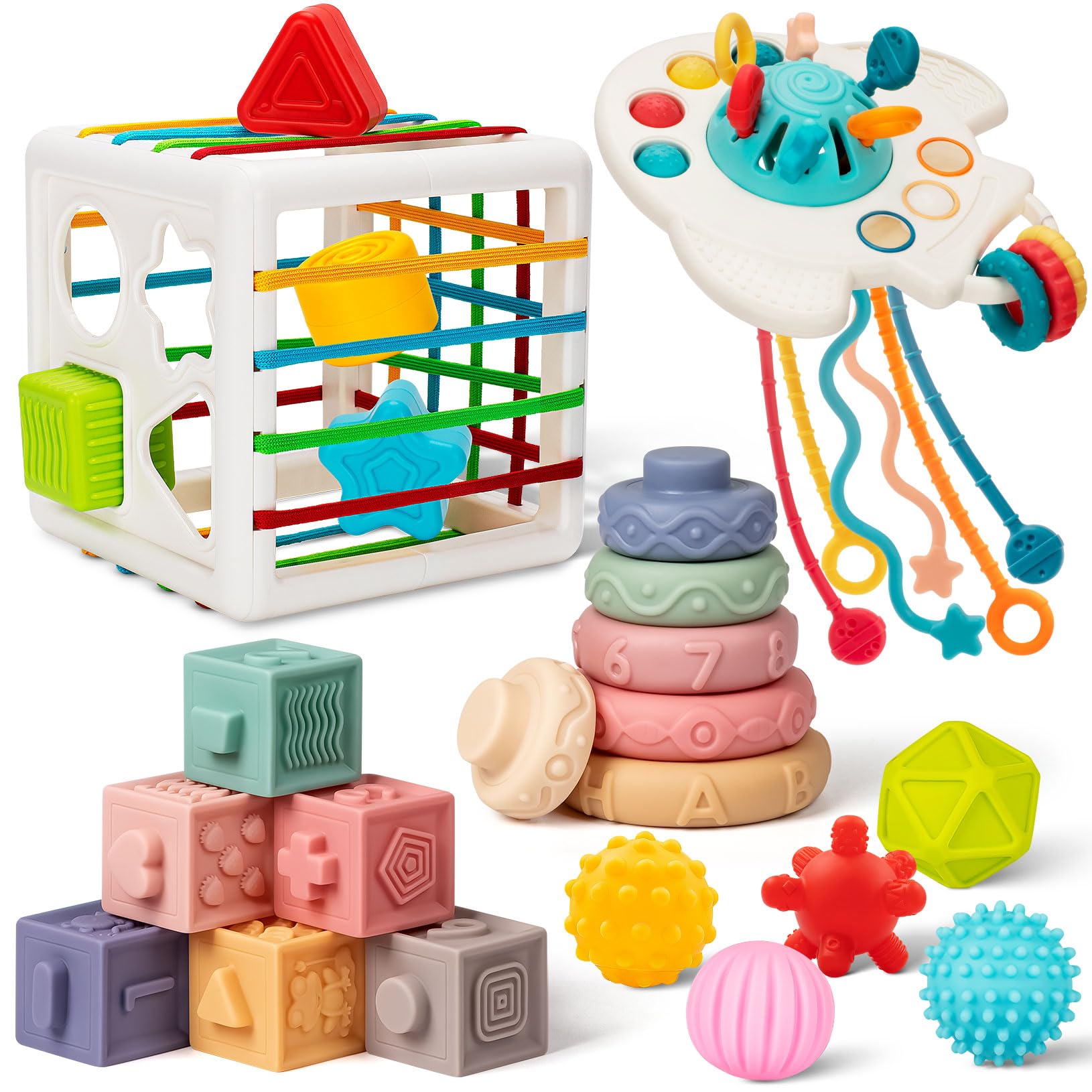 Baby Toys 6 to 12 Months, 5 In 1 Montessori Toys for 1 Year Old, Incl Travel Pull String Toy & Shape Sorter & Stacking Baby Block & Soft Infant Ring & Sensory Ball for Toddler 0-3-6-9-12 Month