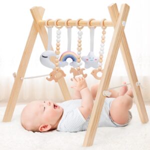 kizzyea wooden baby play gym, infant activity gym for 0-3-6-12 months, wooden foldable frame bar, baby activity center, newborn montessori gift for boys girls ages 0 month+