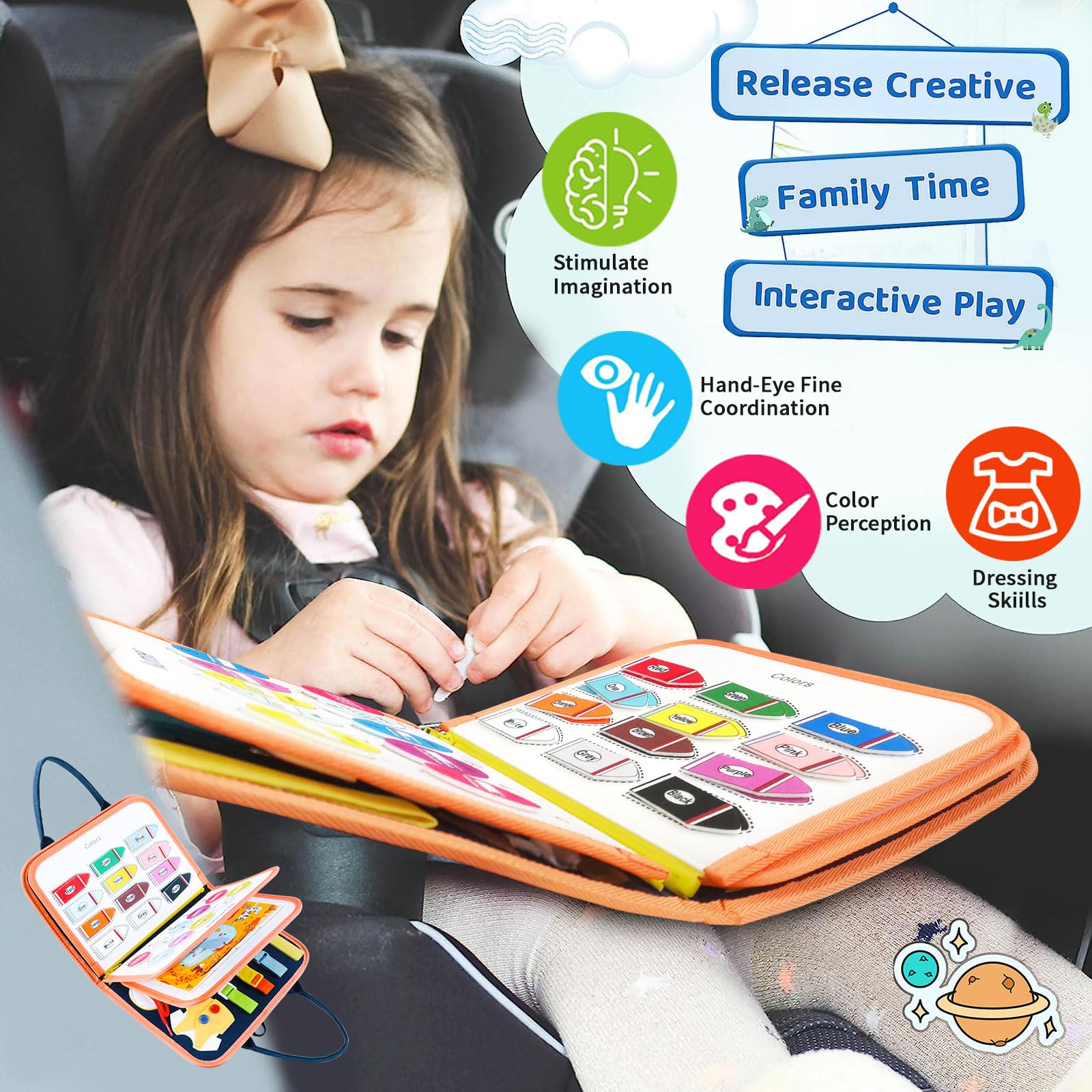 Kerarme Toddler Busy Board, Montessori Toys Busy Book for 1 2 3 4 5 Year Old Toddlers Preschool Learning Activities with Alphabet Numbe, Travel Toys Gifts for Plane Car with Life Skills (Black/3P)