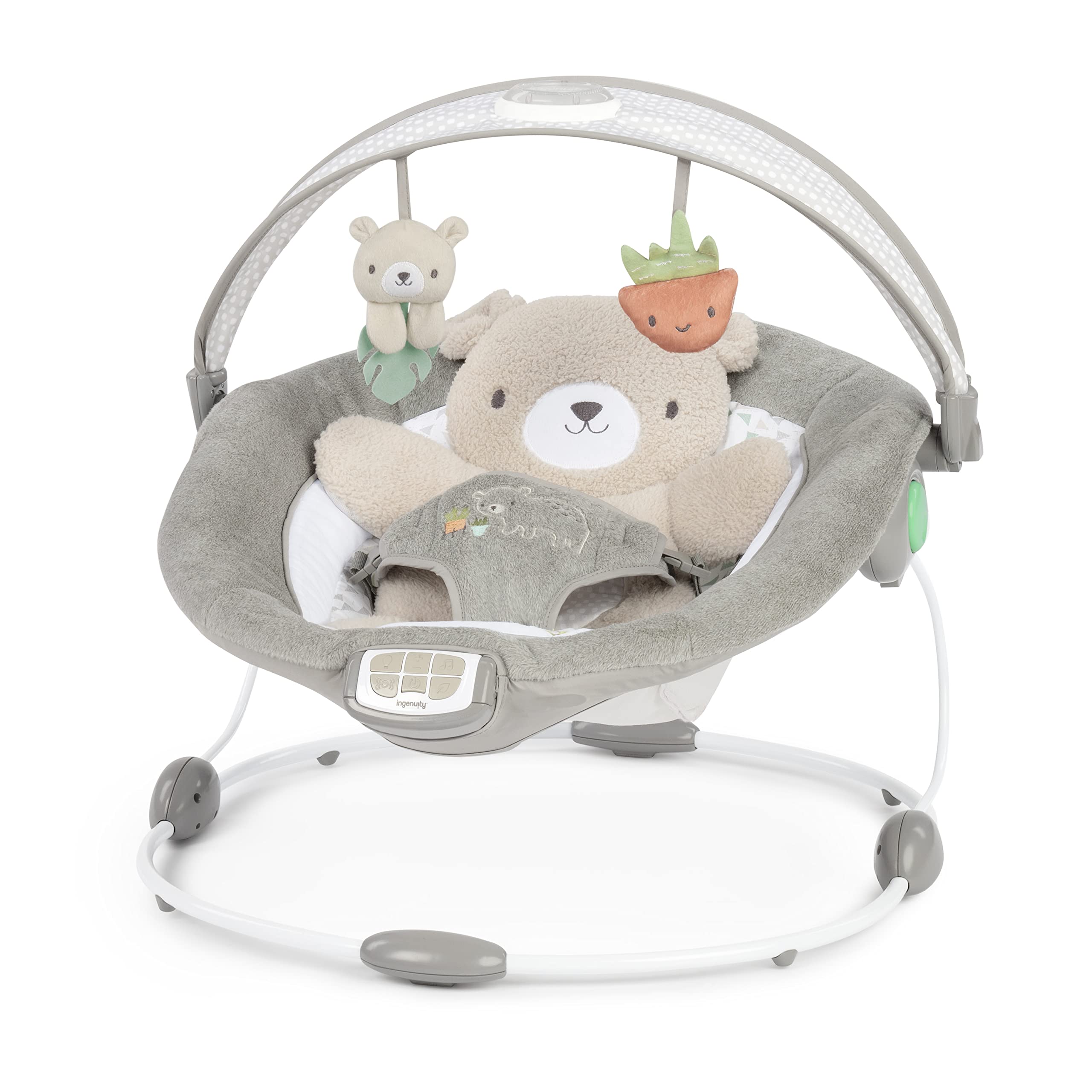 Ingenuity InLighten Baby Bouncer Seat with Light Up-Toy Bar and Bear Tummy Time Pillow Mat - Nate, Newborn and up