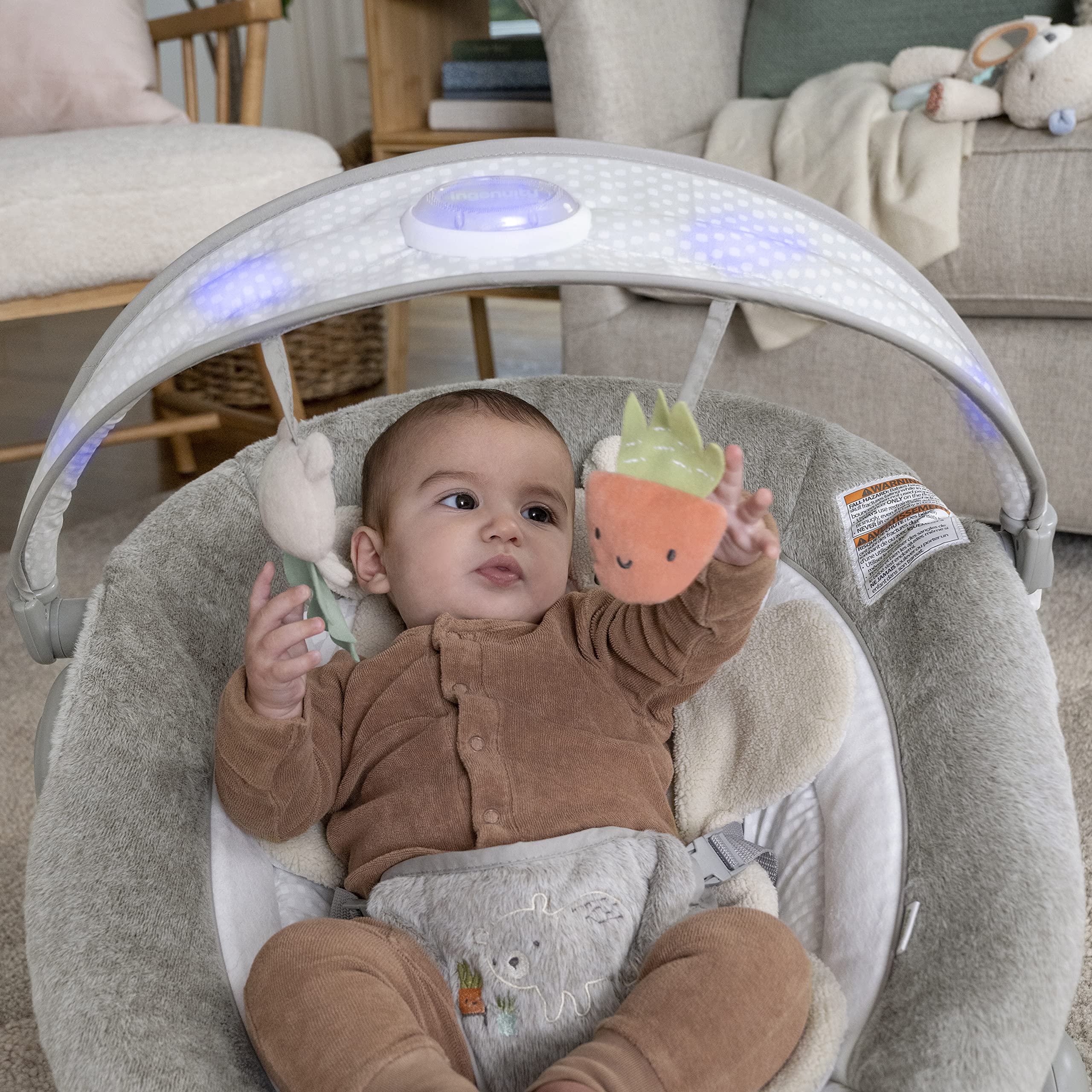 Ingenuity InLighten Baby Bouncer Seat with Light Up-Toy Bar and Bear Tummy Time Pillow Mat - Nate, Newborn and up