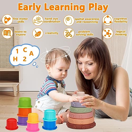 5 in 1 Baby Montessori Toys, Sensory Bin Pull String Teething Toy 0-6 to 12 Month Suction Cup Spinner Infant Travel Bath Toy 6 7 8 18 M+ Soft Stacking Cups Rings Learning Activity Toddler 0-2 Gift Set