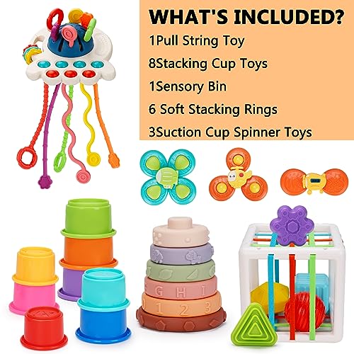 5 in 1 Baby Montessori Toys, Sensory Bin Pull String Teething Toy 0-6 to 12 Month Suction Cup Spinner Infant Travel Bath Toy 6 7 8 18 M+ Soft Stacking Cups Rings Learning Activity Toddler 0-2 Gift Set