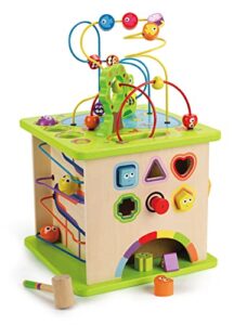 country critters wooden activity play cube by hape | wooden learning puzzle toy for toddlers, 5-sided activity center with animal friends, shapes, mazes, wooden balls, shape sorter blocks and more, 13.78 x 13.78 x 19.69 inches