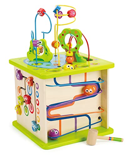 Country Critters Wooden Activity Play Cube by Hape | Wooden Learning Puzzle Toy for Toddlers, 5-Sided Activity Center with Animal Friends, Shapes, Mazes, Wooden Balls, Shape Sorter Blocks and More, 13.78 x 13.78 x 19.69 inches