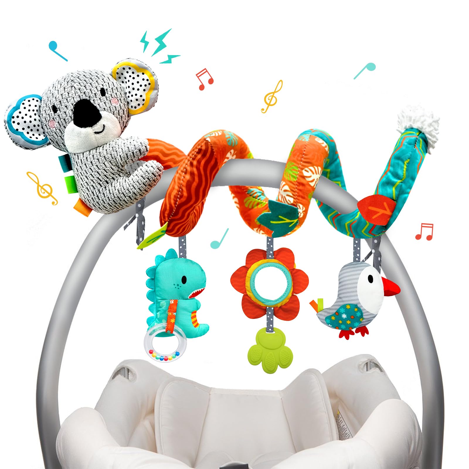 XIXILAND Car Seat Toys Baby Toys 0-3 Months Developmental, Stroller Toys Infant Toys 0-6 Months Newborn Toys, Carseat Toys for Infants 0-12 Months with Dinosaur, Lion Mirror, Teether