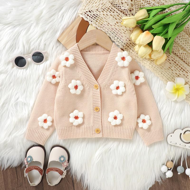 Neiwech Baby Girl Cardigan Sweater Toddler Knit V-Neck Button Long Sleeve Outwear Fall Winter Clothes Beige 2-3 T