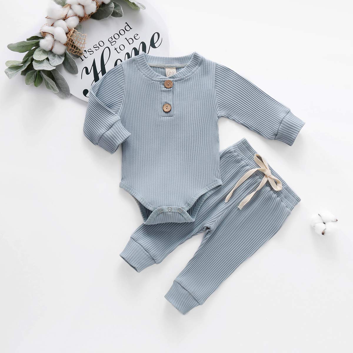 Baby Newborn Girls Boys Long Sleeve Clothes Striped Romper & Pants Set Infant Fall Winter Cotton Outfits (B-Blue, 0-6 Months)