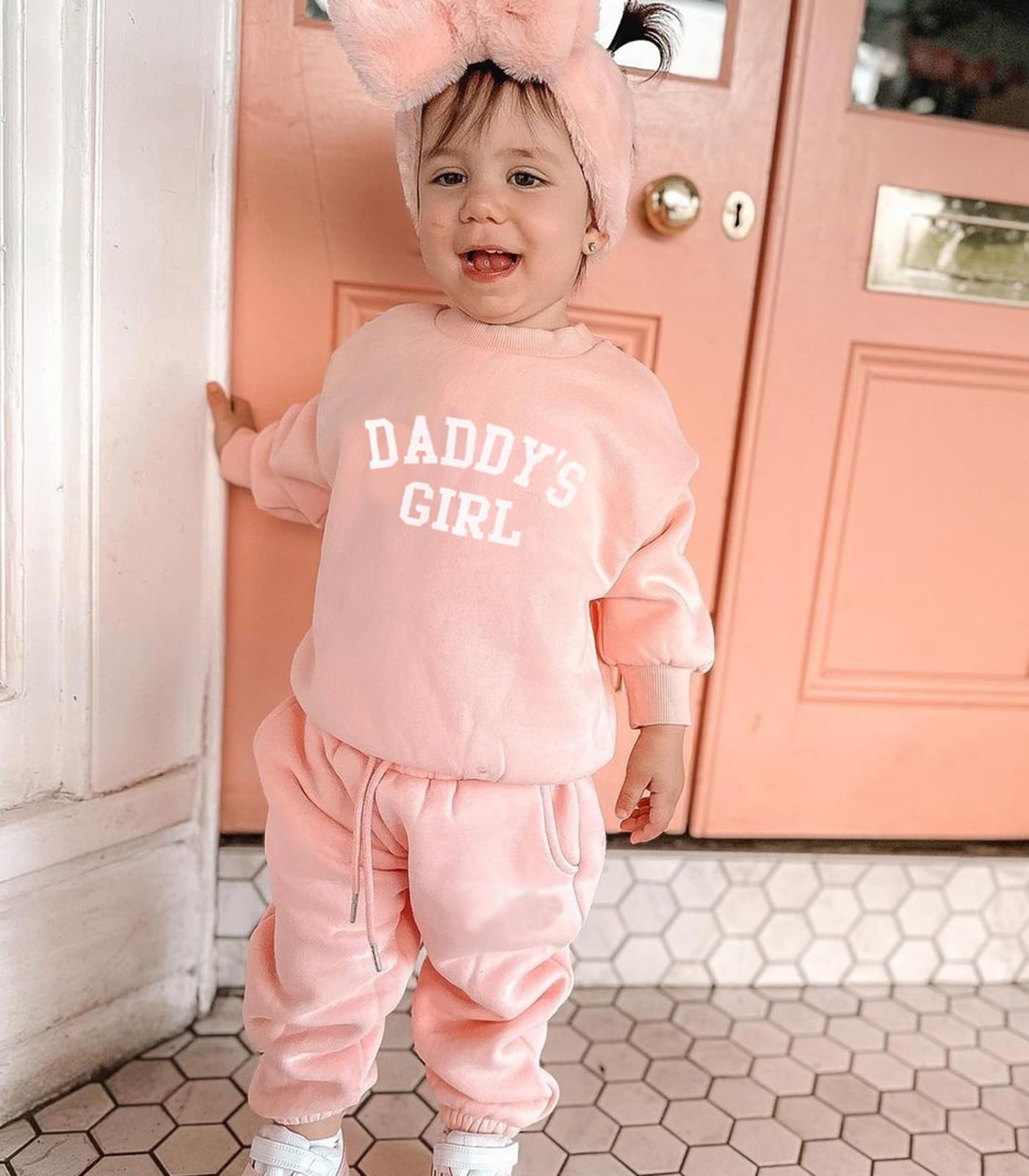 Baby Girl Clothes Daddy Mama Saying Outfits Long Sleeve Fall Winter Infant Toddler Sweatshirt Top Pants Set (Pink, 0-6 Months)