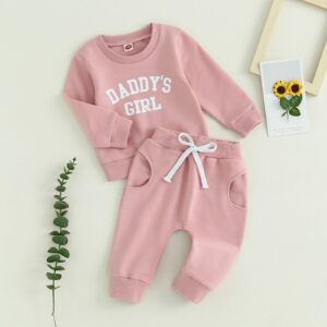 Baby Girl Clothes Daddy Mama Saying Outfits Long Sleeve Fall Winter Infant Toddler Sweatshirt Top Pants Set (Pink, 0-6 Months)