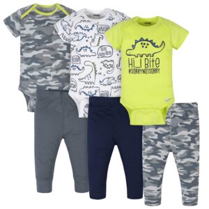 Onesies Brand Baby 3 Onesies 3 Pants Outfit Bundle Mix n Match Newborn to 12M, Grey Green Camo Dino, 0-3 Months