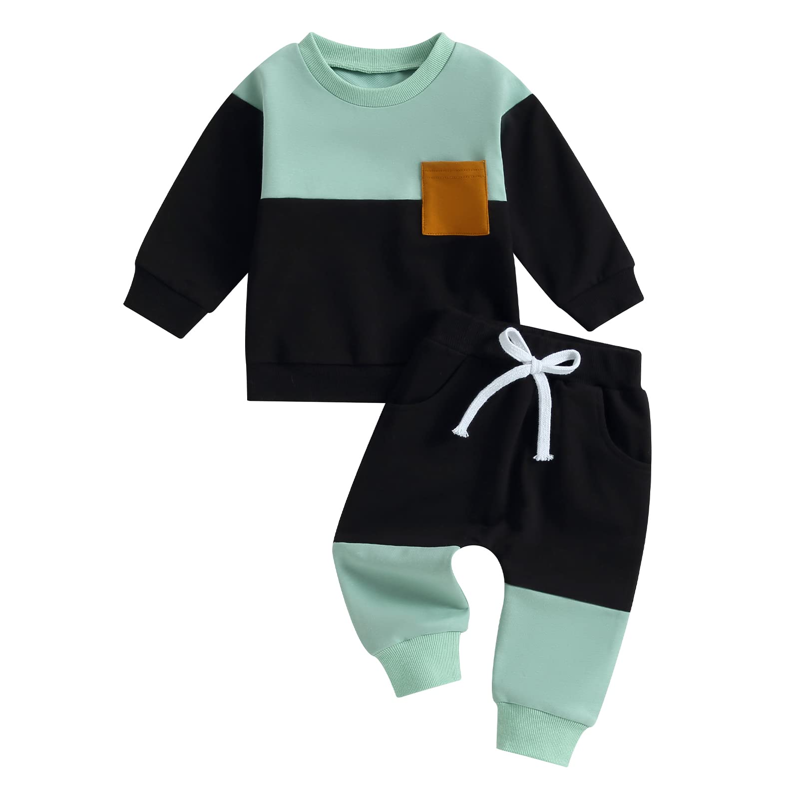 Kupretty Toddler Baby Boy Fall Winter Clothes Color Block Long Sleeve Sweatshirt Pullovers + Joggers Pants Outfit Set (Black Green, 12-18 Months)