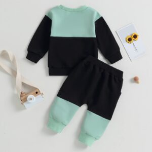 Kupretty Toddler Baby Boy Fall Winter Clothes Color Block Long Sleeve Sweatshirt Pullovers + Joggers Pants Outfit Set (Black Green, 12-18 Months)