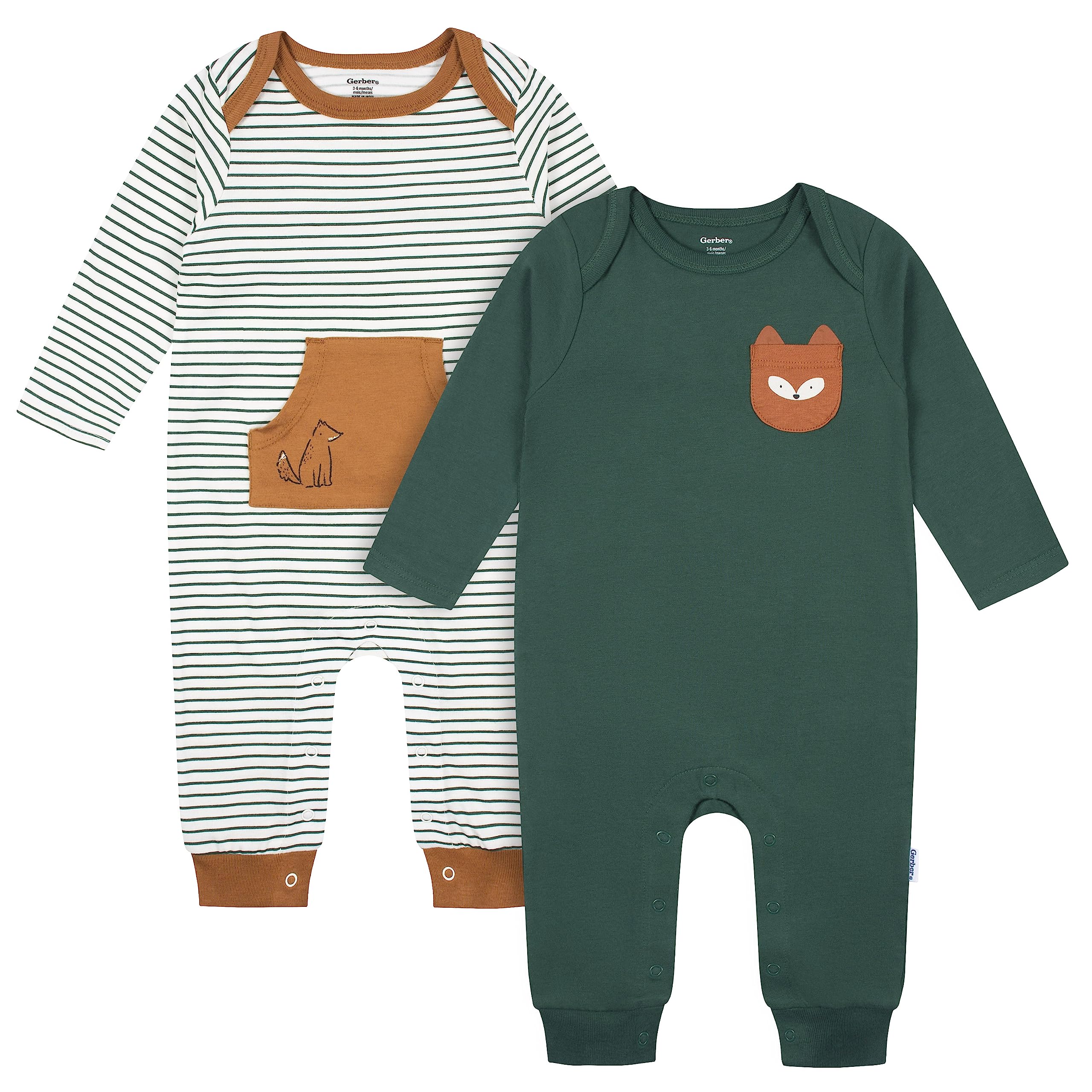 Gerber Baby Boys' 2-Pack Long Sleeve Jumpsuit, Green Fox, 6-9 Months