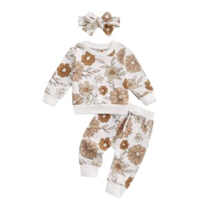 ciycuit 3pcs baby girl outfits floral sweatshirt + pants + headband infant fall winter clothes white 0-6 months