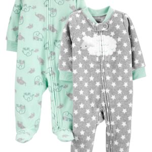 Simple Joys by Carter's Baby 2-Pack Neutral Fleece Footed Sleep and Play, Grey Stars/Mint Green Elephant, 6-9 Months