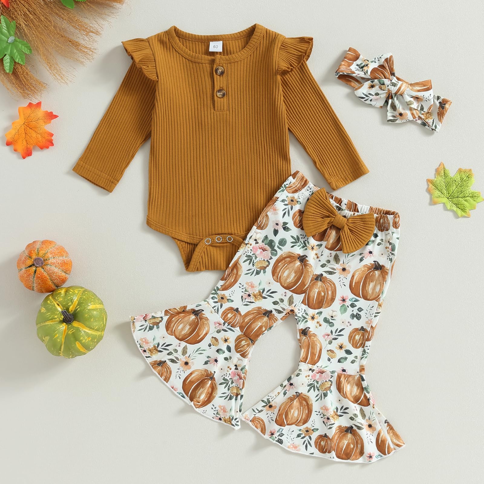 fhutpw Baby Girl Clothes Newborn 3 6 12 18 Months Fall Outfits Ruffle Knitted Long Seeve Romper Top & Flare Pants Sets (Halloween-brown 1, 12-18 Months)