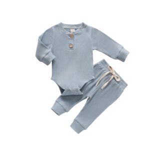 newborn baby boy girl clothes ribbed knitted cotton long sleeve romper long pants solid color fall winter outfits (a- blue, 0-3 months)