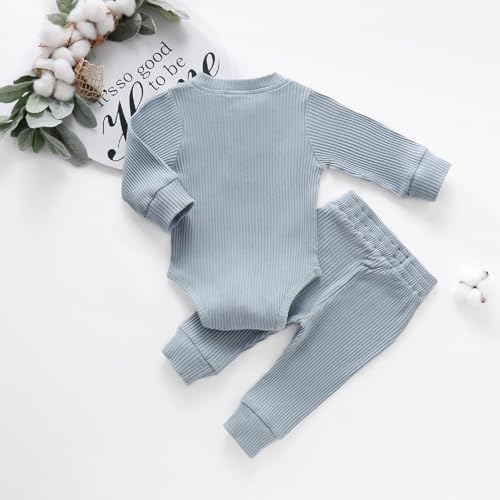 Newborn Baby Boy Girl Clothes Ribbed Knitted Cotton Long Sleeve Romper Long Pants Solid Color Fall Winter Outfits (A- Blue, 0-3 Months)