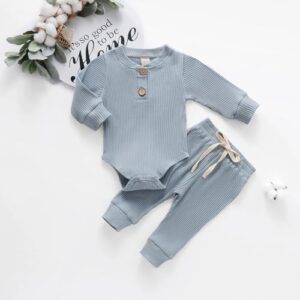 Newborn Baby Boy Girl Clothes Ribbed Knitted Cotton Long Sleeve Romper Long Pants Solid Color Fall Winter Outfits (A- Blue, 0-3 Months)