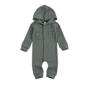 ynibbim winter newborn baby boy girl solid romper unisex infants hooded outfit clothes waffle cotton button jumpsuits (grey, 0-3 months)