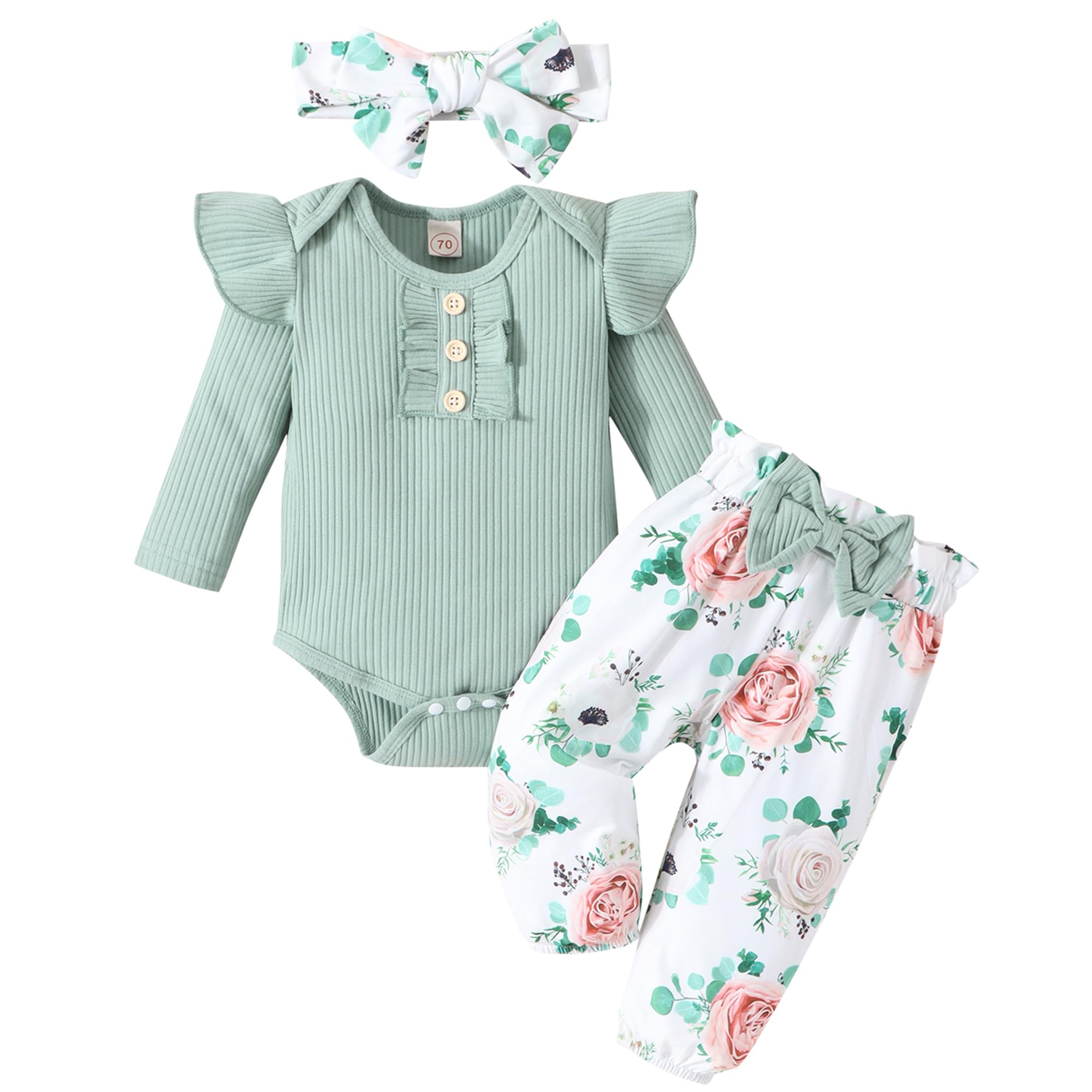 GDTOGRT Baby Girl Clothes Newborn Outfit Infant Ruffle Sleeve Romper and Floral Pants with Cute Headband Sets Baby Clothes for Girls 0-3 Months - Green