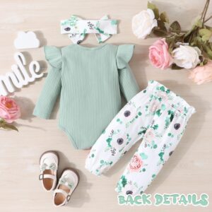 GDTOGRT Baby Girl Clothes Newborn Outfit Infant Ruffle Sleeve Romper and Floral Pants with Cute Headband Sets Baby Clothes for Girls 0-3 Months - Green