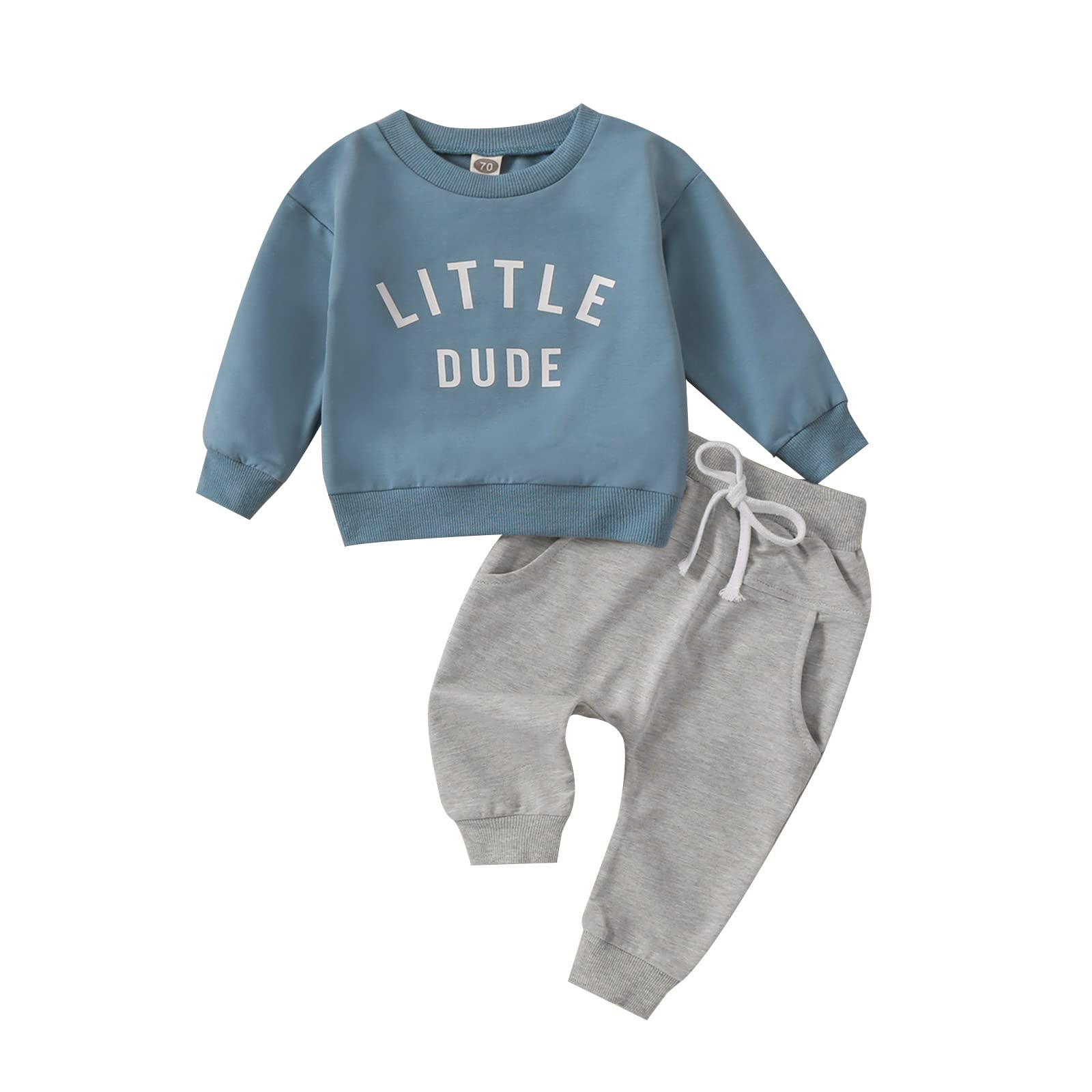 fhutpw Toddler Baby Boy Clothes 2pcs Fall Outfits Long Sleeve Solid Sweatshirt T-Shirt Top Striped Drawstring Pants Set (Little Dude- Blue & Gray, 12-18 Months)