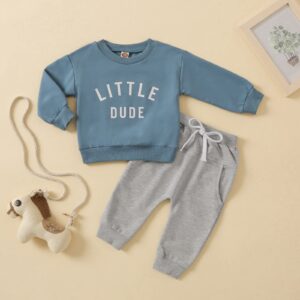 fhutpw Toddler Baby Boy Clothes 2pcs Fall Outfits Long Sleeve Solid Sweatshirt T-Shirt Top Striped Drawstring Pants Set (Little Dude- Blue & Gray, 12-18 Months)