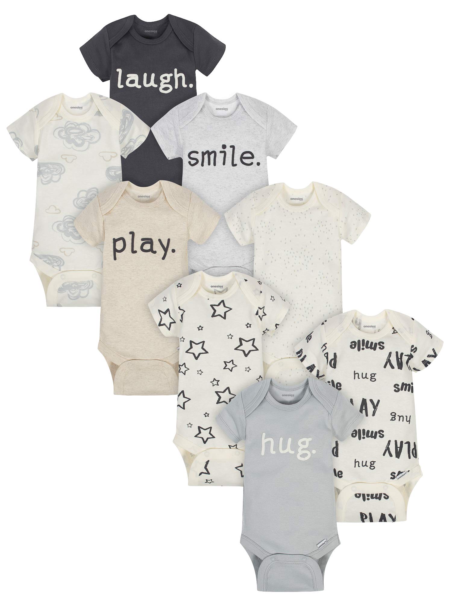 Onesies Brand Unisex Baby 8-Pack Short Sleeve Mix & Match Bodysuits, Play Smile & Hug Neutrals, 3-6 Months