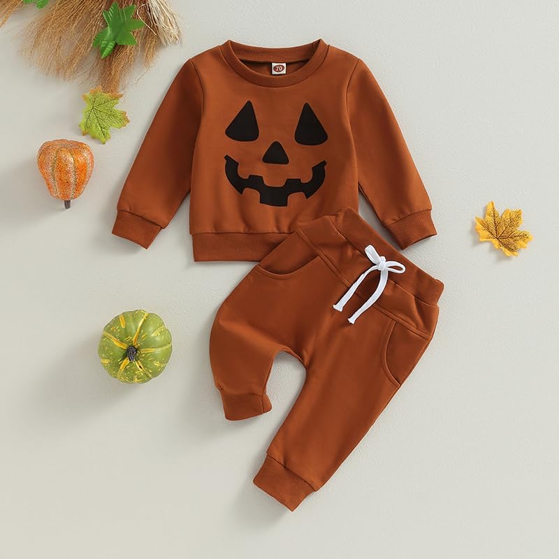 LIOMENGZI Infant Baby Boy Halloween Pants Outfits Long Sleeve Shirts Pumpkin Sweatshirt Pants Infant Boys Fall Winter Clothes Set (Brown, 18-24 Months)