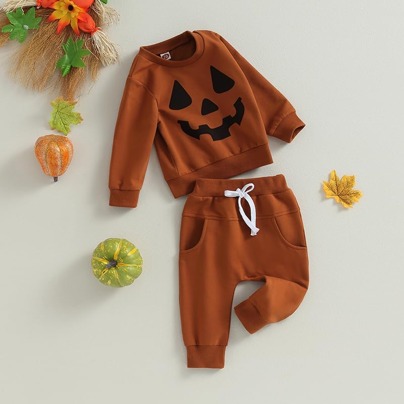 LIOMENGZI Infant Baby Boy Halloween Pants Outfits Long Sleeve Shirts Pumpkin Sweatshirt Pants Infant Boys Fall Winter Clothes Set (Brown, 18-24 Months)