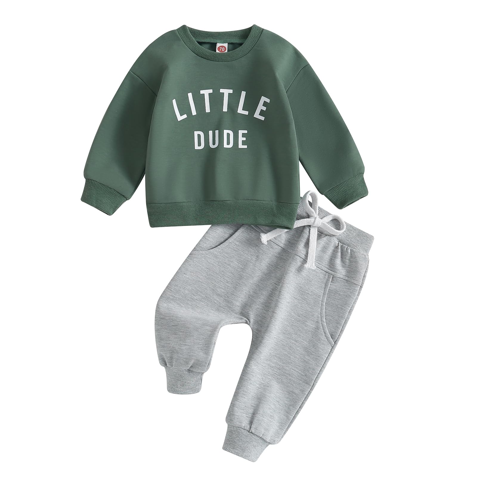 Baby Toddler Boys Fall Winter Outfits Little Dude Letter Printed Long Sleeve Sweatshirts Pants 2Pcs Clothes Set (Dark Green, 6-12 Months)