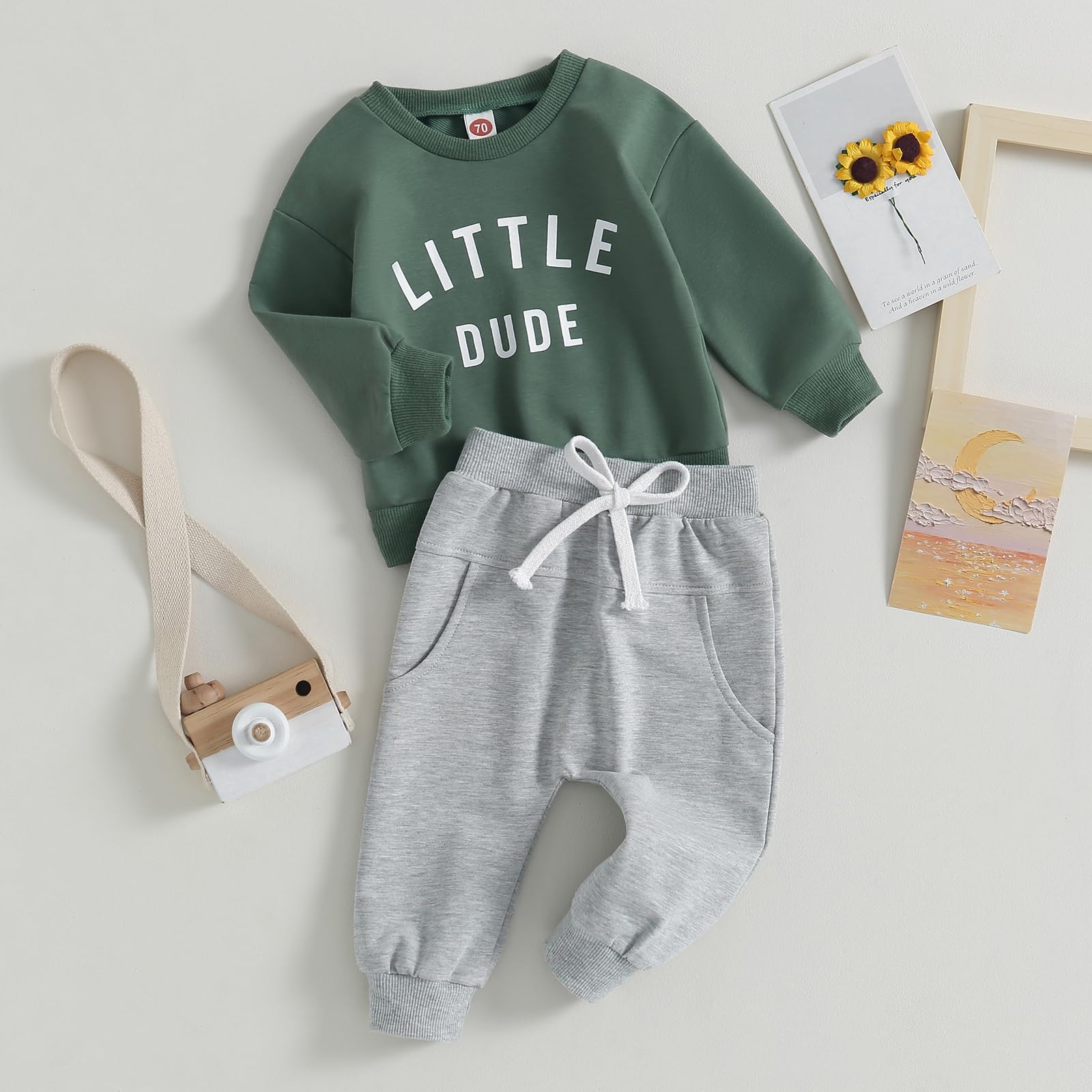 Baby Toddler Boys Fall Winter Outfits Little Dude Letter Printed Long Sleeve Sweatshirts Pants 2Pcs Clothes Set (Dark Green, 6-12 Months)