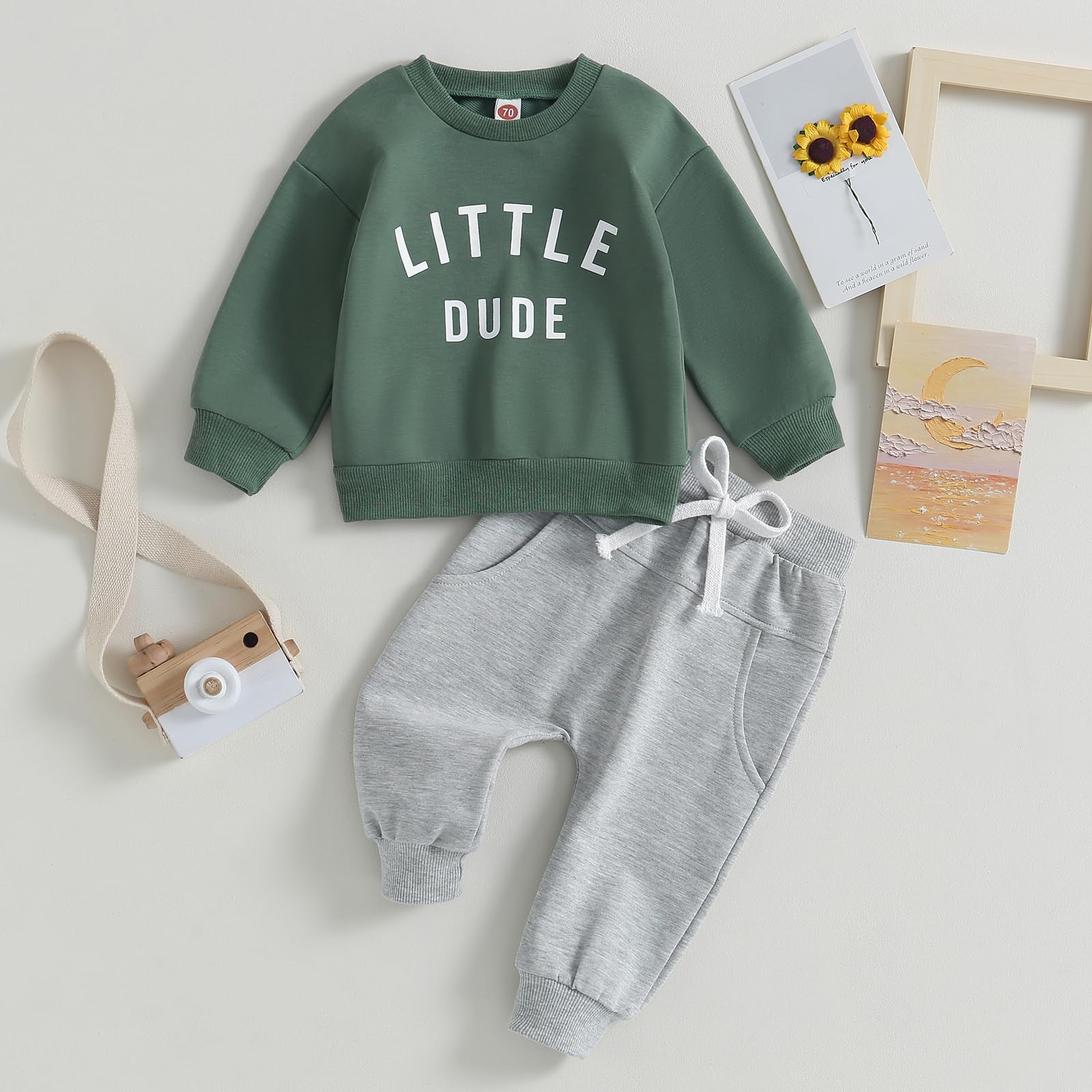 Baby Toddler Boys Fall Winter Outfits Little Dude Letter Printed Long Sleeve Sweatshirts Pants 2Pcs Clothes Set (Dark Green, 6-12 Months)