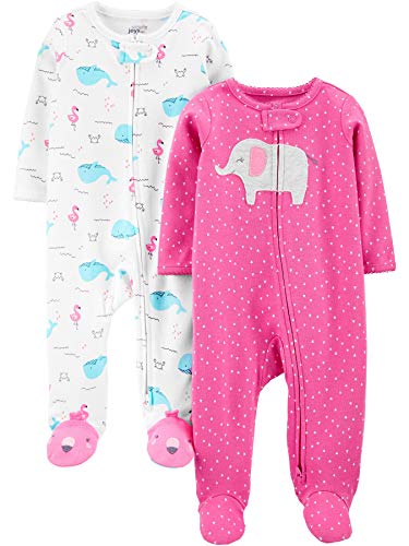 Simple Joys by Carter's Baby Girls' Cotton Sleep and Play, Pack of 2, Pink Elephant/White Sea Life, 3-6 Months