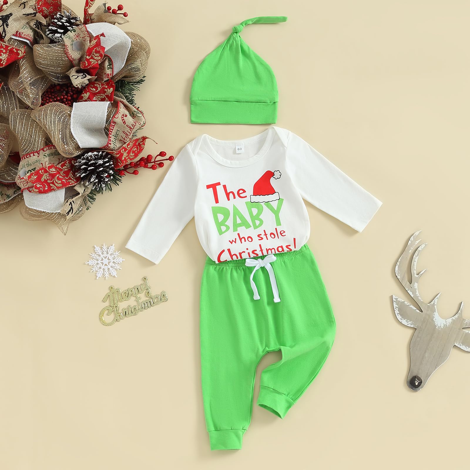 Eadrioss Christmas Baby Boy Outfit Who Steal Your Christmas Romper Bodysuit Green Pants Set Infant Newborn Xmas Clothes (White Green Hats, 0-3 Months)